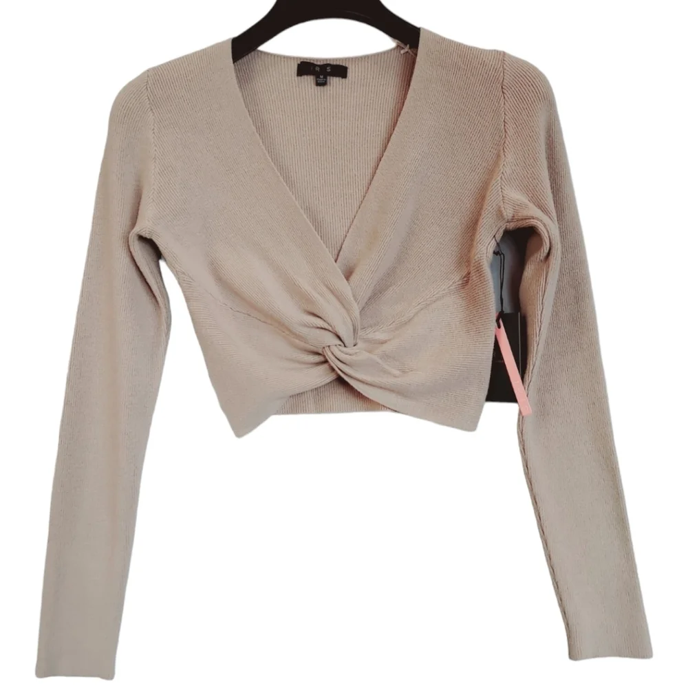 Women's Crop Sweater Taupe Knot Front Cropped V Neck Long Sleeve New - Picture 13 of 13